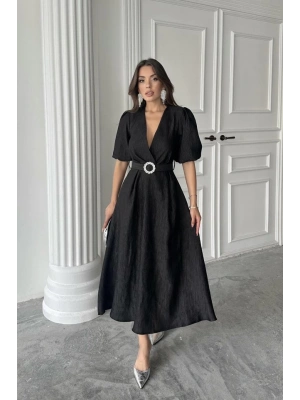 Siyah Işıltılı Kemerli Kruvaze Elbise