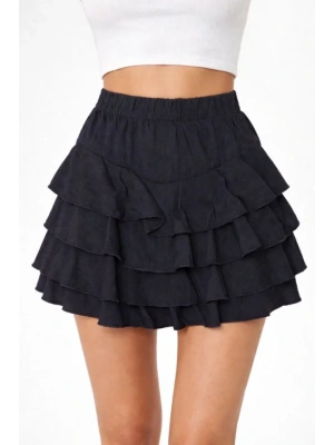 iyah Katlı ini Fırfıtlı Etek astikli Yüksel Bel, Volanlı Tasarım, Rahat Kalıp, Günlük Ve Şık Kombinelere Uygun Yazlık Etek  iyah