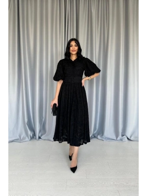 Siyah Kemerli Balon Kollu Elbise