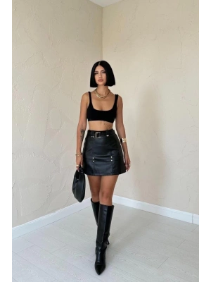 Siyah Kemerli Mini Deri Etek