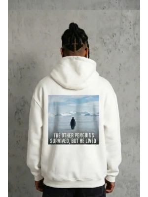 iyah Oversize Hoodie  ırt Baskılı urvivor Penguin Temalı, Felsefi Yazılı Kapüşonlu weatshirt  Beyaz