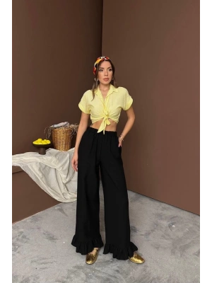 iyah Paçası Fırfırlı Keten Pantolon