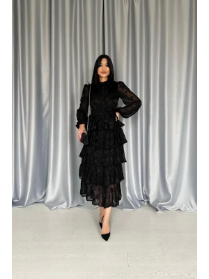Siyah Valonlu Şeritli Kat Kat Elbise