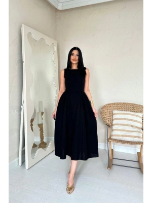 iyah Yanları Büzgülü idi Boy Keten Elbise