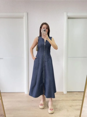 Jeans Kot Önü Tam Fermuarlı Uzun Elbise  avi