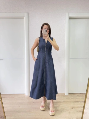 Jeans Kot Önü Tam Fermuarlı Uzun Elbise  avi