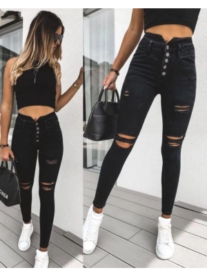 Kadın 5 Düğmeli V Detay Bel Yırtık Kot