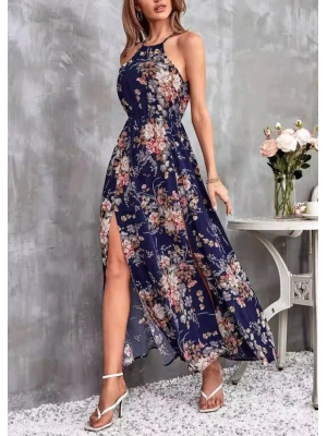 Kadın Açık Omuz Halter Yaka Beli Lastikli Büzgü Detay önden Yırtmaçlı çiçek Desenli Süprem Elbise