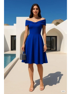 Kadın adonna Yaka Pliseli Scuba Krep Kumaş Diz üstü Elbise