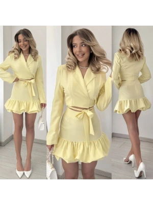 Kadın anşet Yaka Detay Göbek Bağcıklı Ceket Ve Volanlı Etek Takım