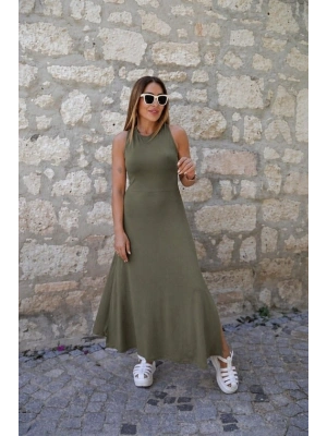 Kadın Arkadan çapraz Detay Yuvarlak Yaka Maksi Viskon Elbise