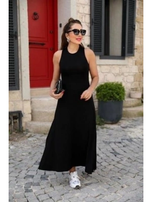 Kadın Arkadan çapraz Detay Yuvarlak Yaka Maksi Viskon Elbise