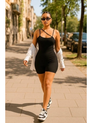 Kadın Asimetrik Askılı Mini Kaşkorse Bodycon Tulum