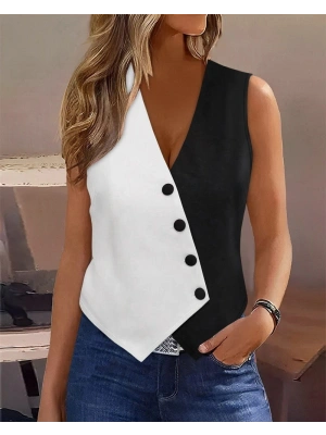 Kadın Asimetrik Kesim Siyah Beyaz önü Düğme Detaylı Ithal Krep Yelek Ceket