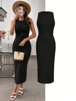 Kadın Askılı Bisiklet Yaka Beli Büzgülü Uzun Bürümcük Elbise