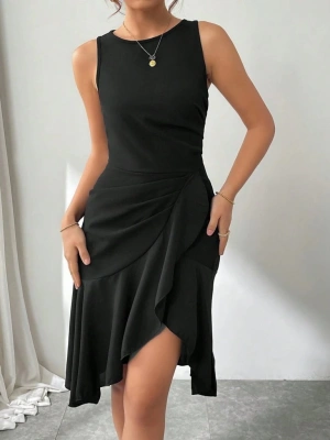 Kadın Askılı Bisiklet Yaka önden Fırfırlı Kısa Ithal Krep Elbise