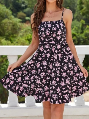 Kadın Askılı çiçek Desenli Süprem Mini Elbise