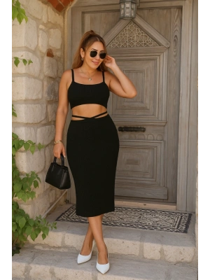 Kadın Askılı Crop Bel Detaylı Derin Yırtmaçlı Etek Triko Ikili Takım