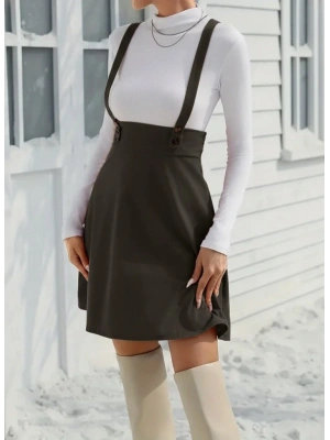 Kadın Askılı Düğmeli Mini Süet Elbise