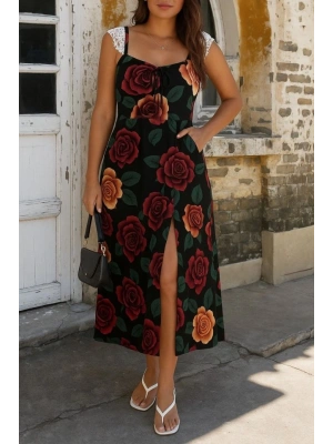 Kadın Askılı Geniş V Yakalı Sırttan Bağlamalı Yırtmaçlı Süprem Elbise