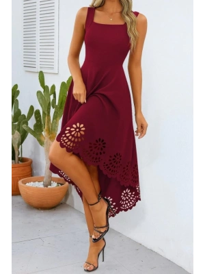 Kadın Askılı Geometrik Yaka çiçek Lazer Kesim Ithal Krep Elbise