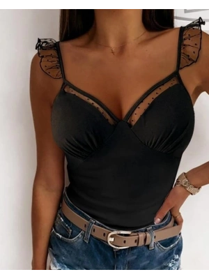 Kadın Askılı Kalp Yaka Tül Detay Dalgıç Bluz