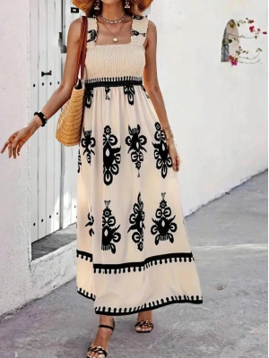 Kadın Askılı Kare Yaka Gipe Detaylı Desenli Suprem Elbise