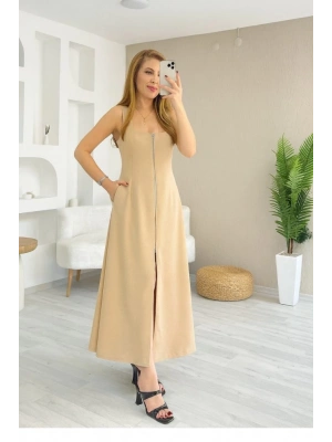 Kadın Askılı Kare Yaka önden Fermuarlı Geniş Kesim Janjan Krep Elbise