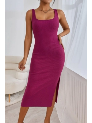 Kadın Askılı Kare Yaka Yandan Yırtmaçlı Midi Kaşkorse Elbise