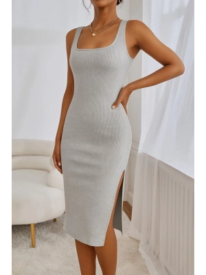 Kadın Askılı Kare Yaka Yandan Yırtmaçlı Midi Kaşkorse Elbise