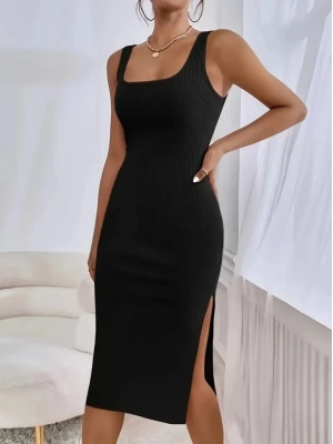 Kadın Askılı Kare Yaka Yandan Yırtmaçlı Midi Kaşkorse Elbise