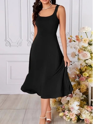 Kadın Askılı Kare Yaka Yırtmaçlı Midi Janjan Krep Elbise