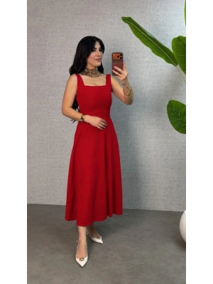 Kadın Askılı Kare Yakalı Bel Arkasından Bağlama Detaylı Uzun Yerli Krep Elbise