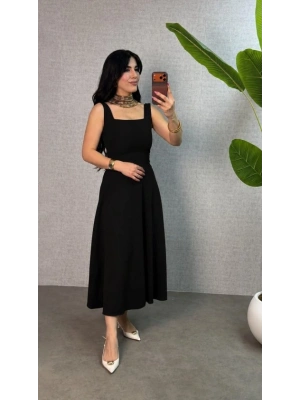 Kadın Askılı Kare Yakalı Bel Arkasından Bağlama Detaylı Uzun Yerli Krep Elbise