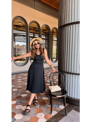 Kadın Askılı Kare Yakalı Midi Ithal Krep Elbise