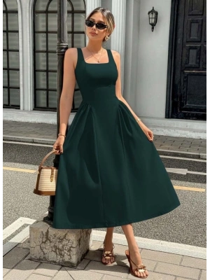 Kadın Askılı Kare Yakalı Uzun Ithal Krep Elbise