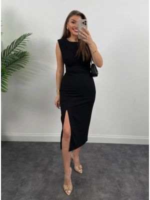 Kadın Askılı Kolsuz Belden Büzgülü Yırtmaçlı Midi Janjan Krep Elbise