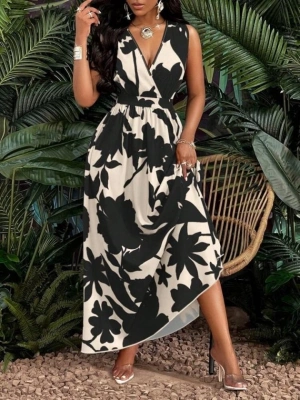 Kadın Askılı Kruvaze Yakalı çiçek Desenli Uzun Süprem Elbise