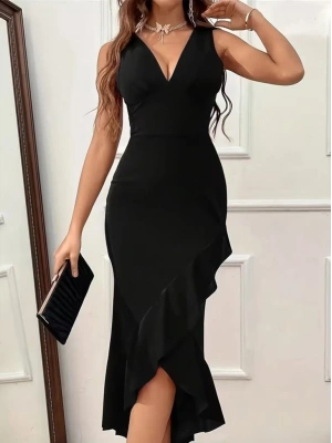 Kadın Askılı V Yakalı önden Fırfırlı Uzun Ithal Krep Elbise