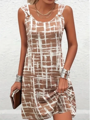 Kadın Askılı Kuş Gözü Detaylı Desenli Süprem Elbise