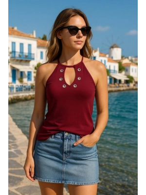 Kadın Askılı Kuş Gözü Ve Dekolte Detay Boyundan Bağlamalı Viskon Bluz