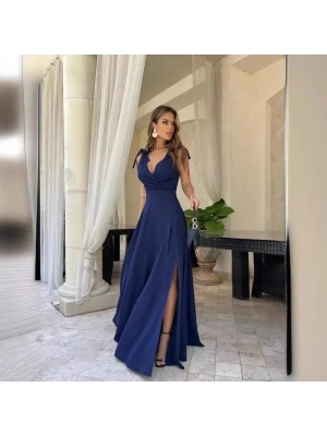 Kadın Askılı Omuzdan Bağlamalı Kruvaze Yakalı Uzun Yırtmaçlı Janjan Krep Elbise