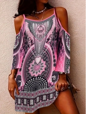 Kadın Askılı Omuzlardan Açık Truvakar Kol Desenli Kısa Süprem Elbise