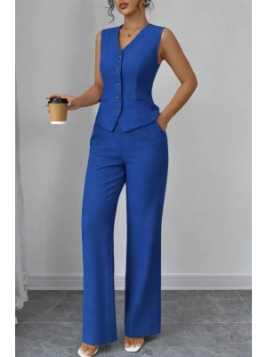 Kadın Askılı önden Düğmeli Bluz Ve Pantolon Keten Ikili Takım