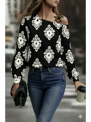 Kadın Askılı Uzun Kollu Omuzlardan Açık Desenli Mosskrep Bluz