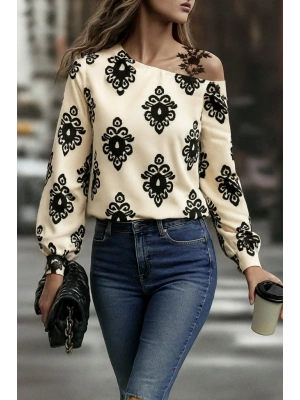 Kadın Askılı Uzun Kollu Omuzlardan Açık Desenli Mosskrep Bluz