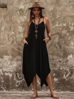 Kadın Askılı V Yakalı Cep Detaylı Asimetrik Kesim Detaylı Viskon Elbise