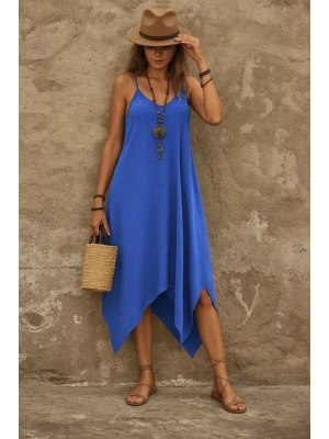 Kadın Askılı V Yakalı Cep Detaylı Asimetrik Kesim Viskon Elbise