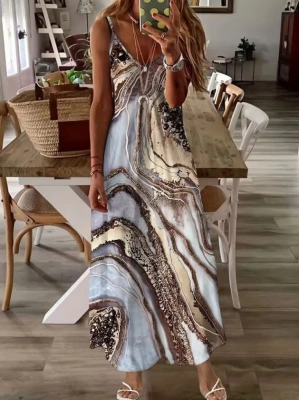 Kadın Askılı V Yakalı Desenlı Uzun Süprem Elbise