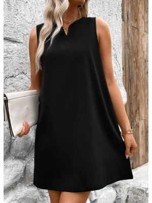 Kadın Askılı V Yakalı Geniş Kesim Detaylı Kısa Janjan Krep Elbise